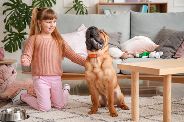 Poster - Cute little girl with funny dog at home