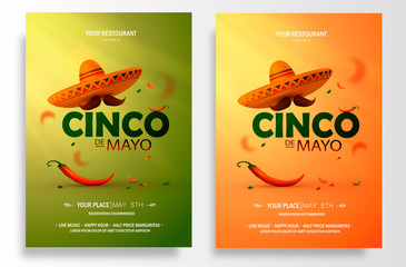 Cinco De Mayo poster design. Marketing, advertising or invitation template with copy space for your holiday celebration at a bar, restaurant, nightclub or other venue. Vector illustration