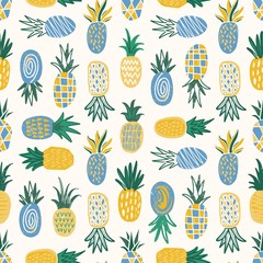 Poster - Flat seamless pattern with pineapples of various texture on white background. Backdrop with exotic tropical fresh juicy fruits. Colorful vector illustration in modern doodle style for textile print.
