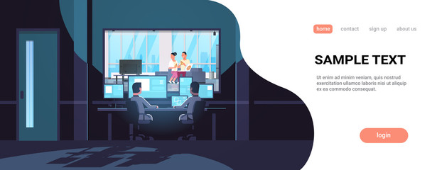 two men looking at monitors behind glass couple eating pizza man woman watching tv relaxing on couch dark office interior surveillance security system flat horizontal vector illustration