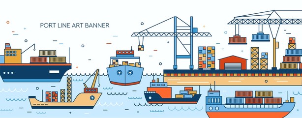 Banner template with seaport, marine terminal, freight vessels, cargo ships containerships, sea watercrafts, port cranes and warehouse. Maritime transportation. Vector illustration in line art style.