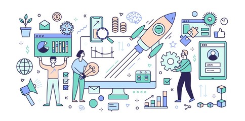Aufkleber - Creative banner template with computer, diagrams, charts, flying rocket or spacecraft, men and women working together under startup project release. Colored vector illustration in line art style.