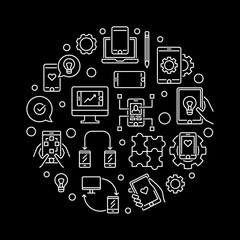 Poster - app development and mobile applications vector round concept illustration in thin line style on dark