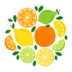 Cute Citrus Fruits Lemon, Lime and Orange background in vivid tasty colors ideal for Fresh Lemonade