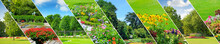 Spring Gardens With Beautiful Flowers And Lawns. Panoramic Collage. Wide Photo.