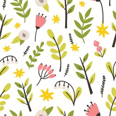 Poster - Floral seamless pattern with spring blooming perennial flowers on white background