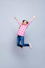 Sticker - Full length body size vertical photo blond haired she her little cheerleader laugh laughter jump high achievement wear casual jeans pink plaid checkered shirt outfit clothes isolated grey background