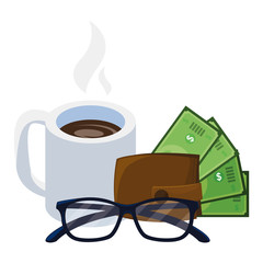 Poster - wallet with bills dollars and coffee cup