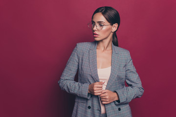 Wall Mural - Portrait of her she nice cute attractive sweet magnificent winsome classy fascinating content lady wearing gray checkered suit cool life lifestyle isolated over maroon burgundy marsala background