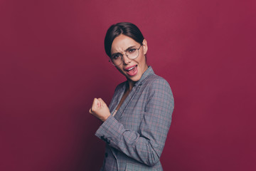 Wall Mural - Portrait of her she nice cute attractive lovely winsome cheerful classy smart clever lady wearing gray checkered blazer great good news attainment isolated over maroon burgundy marsala background