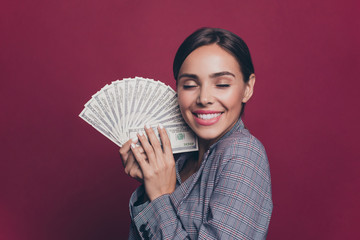 Sticker - Close-up portrait of nice cute attractive lovely sweet winsome cheerful lady wearing gray checked jacket hugging 100 us best luck ad advert sale discount isolated on maroon burgundy marsala background