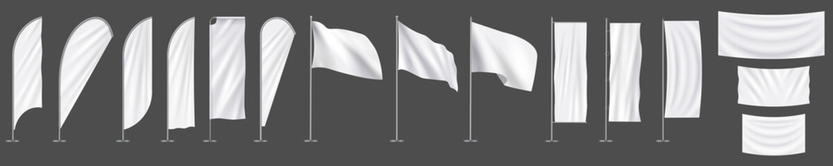 realistic white advertising textile vector flags and banners, set