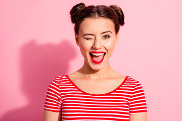 close up photo beautiful she her lady pretty hairdo two buns bright pomade allure tempting big lips 