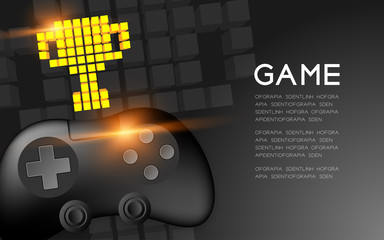 Gamepad or joypad black color with Gold Trophy Cup pixel icon, Game winner concept design illustration isolated on black gradients background, with copy space