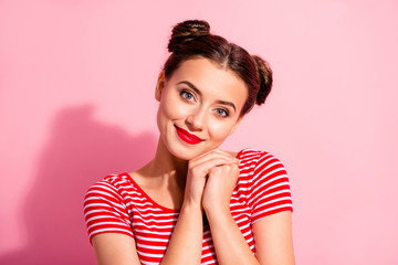 Wall Mural - Close up photo beautiful she her lady pretty two buns bright pomade lipstick touch hold one cheek cheekbone lying arms hands together wear casual striped red white t-shirt isolated pink background