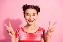 Close-up Portrait Of Her She Nice-looking Cute Charming Attractive Lovely Cheerful Cheery Optimistic Teen Girl Showing Double V-sign Isolated Over Pink Pastel Background