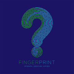 Wall Mural - Question mark sign pattern Fingerprint scan logo icon dash line, Doubt concept, Editable stroke illustration blue and green isolated on blue background with Fingerprint text and space, vector eps10