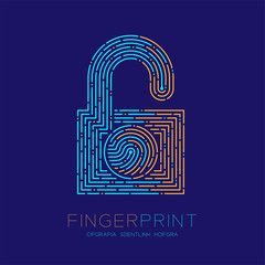 Wall Mural - Lock shape pattern Fingerprint scan logo icon dash line, Security privacy concept, Editable stroke illustration blue and orange isolated on blue background with Fingerprint text and space, vector eps