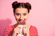 Close-up Portrait Of Her She Nice-looking Cute Charming Attractive Lovely Glamorous Cheerful Girl In Striped T-shirt Biting Tasting Eating Desirable Favorite Cocoa Dessert Isolated On Pink Background