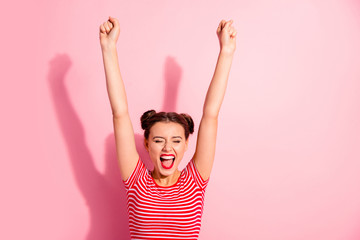 Wall Mural - Portrait of her she nice-looking cute charming attractive adorable fascinating lovely cheerful cheery girl wearing striped t-shirt raising hands up isolated over pink pastel background