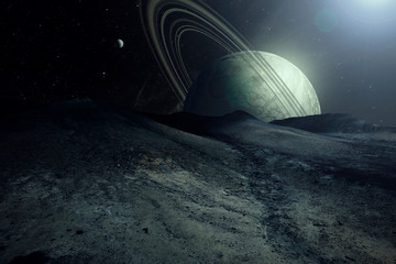 Wall Mural - alien planet landscape sci fi spatial background, view from planet surface with spectacular sky, realistic digital illustration