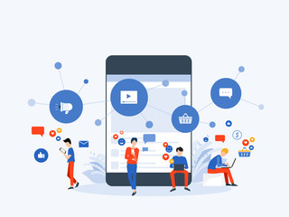 Fototapete - flat Vector illustration social media  and digital marketing  online connection concept with business people character use mobile  concept 