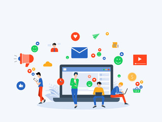 Poster - flat Vector illustration social media  and digital marketing  online connection concept with business people character use mobile  concept 