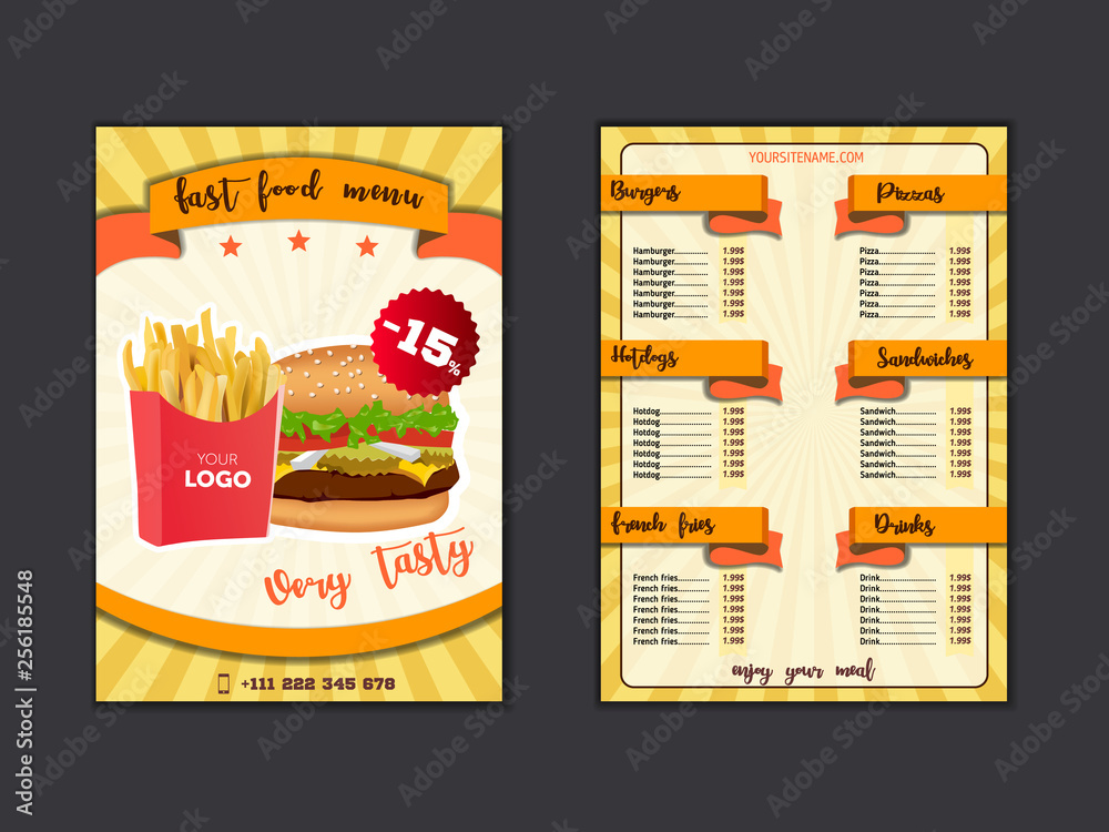 Fast food restaurant menu template. Lunch dishes and drinks list with ...