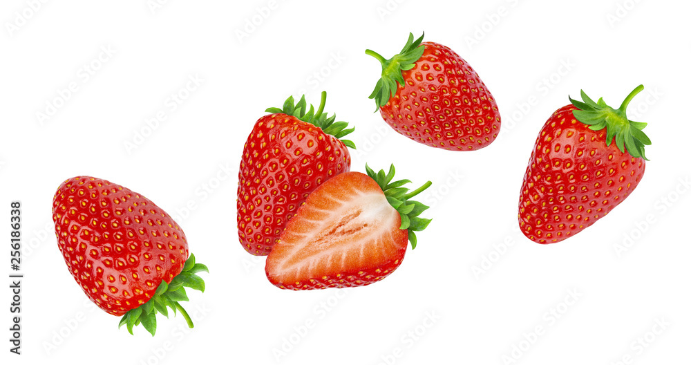 Falling strawberries isolated on white background - obrazy, fototapety, plakaty 