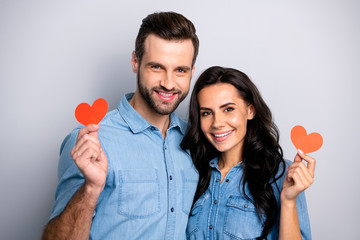 Poster - Close up photo of cheerful nice handsome soulmates people bonding candid having fun valentine day party free leisure time wearing blue denim jackets on silver background isolated