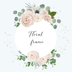 Wall Mural - vector floral frame. rose, anemone, ranunculus, chamelaucium, pink flowers and decorative eucaliptus leaves, greeting card design concept