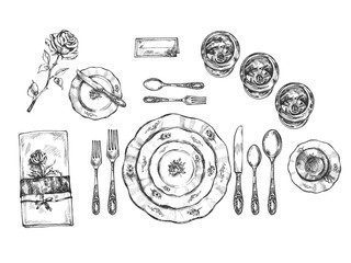 Wall Mural - Set of vintage dishes, glasses and cutlery