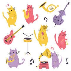 Big set of funny cats playing musical instruments