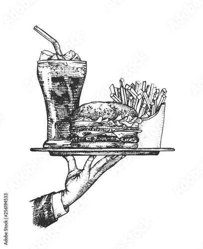 Foto-Schmutzfangmatte - Burger with fries and soda on waiters hand (von istry)