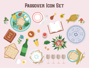 Wall Mural - Passover icon set with Seder plate Hagadah and wine-Vector