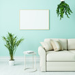 canvas print picture - Leerer weißer Bilderrahmen in Wohnzimmer mit Couch