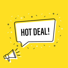 Wall Mural - male hand holding megaphone with hot deal speech bubble. loudspeaker. banner for business, marketing