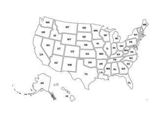 Wall Mural - Blank similar USA map isolated on white background. United States of America usa country. Vector template usa for website, design, cover, infographics. Graph illustration.