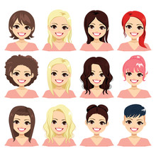 Set Of Woman With Different Hair Color And Hairstyle