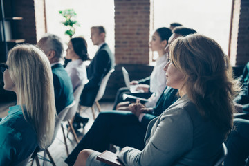 Sticker - Profile side view of nice focused crowd elegant classy stylish sharks experts members participants attending educative classes courses lecture at industrial loft style interior work place station