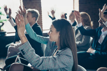 Profile Side View Of Nice Attractive Stylish Cheerful Sharks Crowd Attending Educative Forum Event Listening To Top Management Rising Hands Up Industrial Loft Interior Work Place Space Indoors