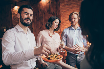 Canvas Print - Small company of nice lovely attractive pretty classy elegant cheerful cheery guys ladies having fun talk birthday romantic occasion romance in industrial wood brick loft interior room indoors