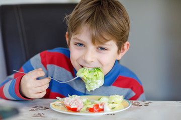 Happy kid boy eating fresh salad with tomato, cucumber and different vegetables as meal or snack. Healthy child enjoying tasty and fresh food at home or at school canteen.