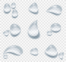 Different Shape Of Water Drops Vector On Transparency Background. Glass Bubble Drop Condensation Surface, Element Design Clean Drop Splash