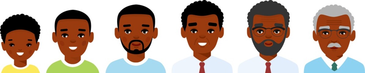 Set of african american age group avatars man in colorful style. All age group of african american people. Generations man. Stages of development people - infancy, childhood, youth, maturity, old age.