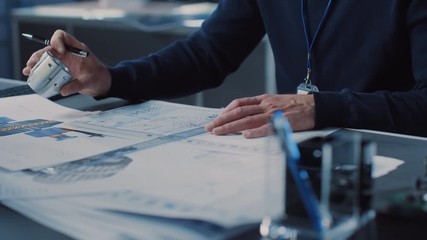 Poster - Heavy Industry Engineer Draws Engine Concept Blueprint. Engineering Bureau and Industrial Design Agency with Various Robotic, Architectural and Machinery Components