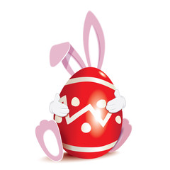 Wall Mural - Cute pink Easter Bunny hugged red colored egg decorated with ornaments isolated on a white background