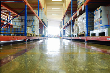 Blurred warehouse interior store box on shelf