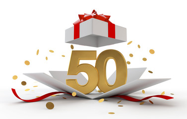 Happy 50th birthday gold surprise boxwith red ribbon. 3D Rendering