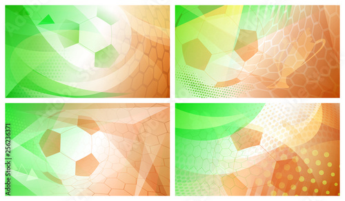 Set of four football or soccer abstract backgrounds with big ball in national...